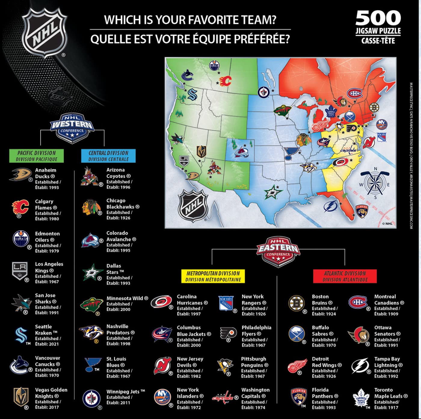 MasterPieces NHL1001 Sports Puzzle - 500 Piece Jigsaw for Adults, Hockey Map, 21"x15", White Cardboard
