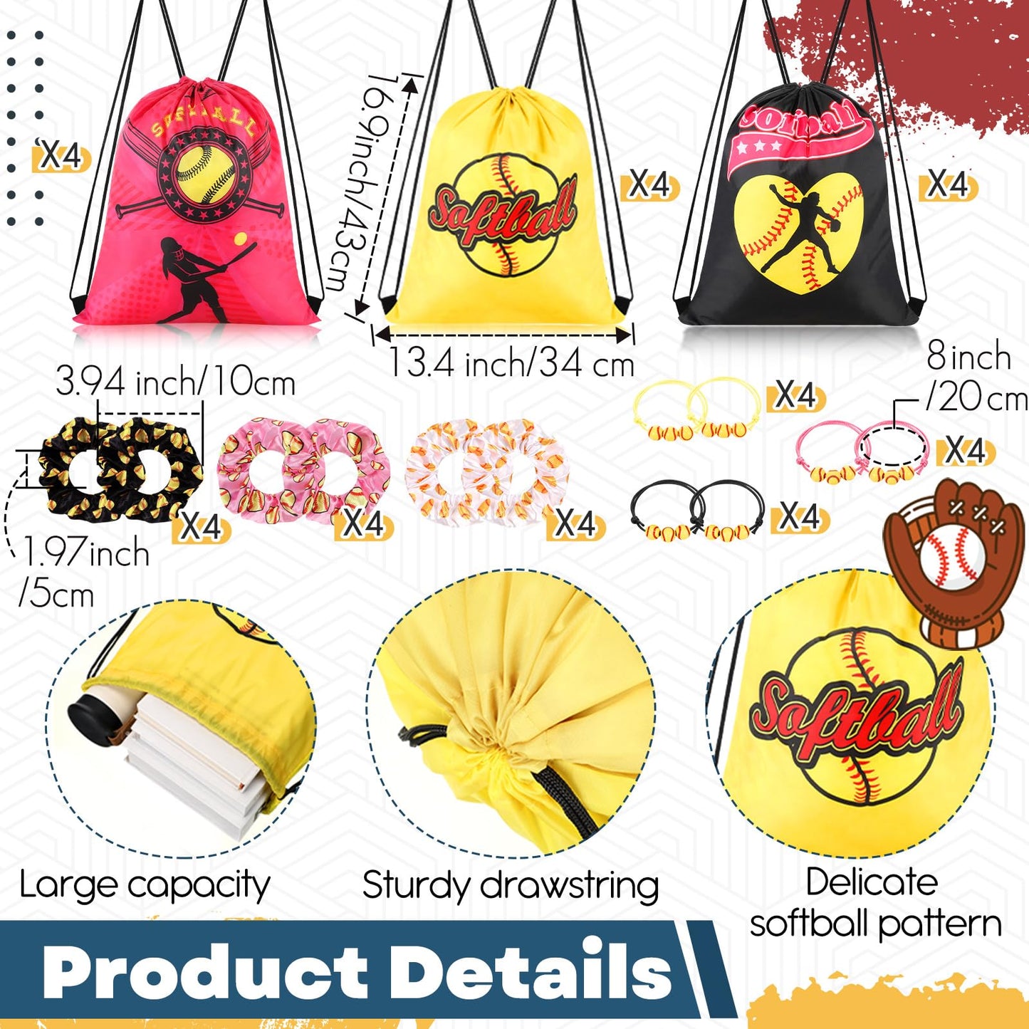 Yungyan 48 Pcs Softball Party Favors Set Softball Goodie Bags 24oz Softball Cups with Lids Sport Drawstring Bags Softball Hair T