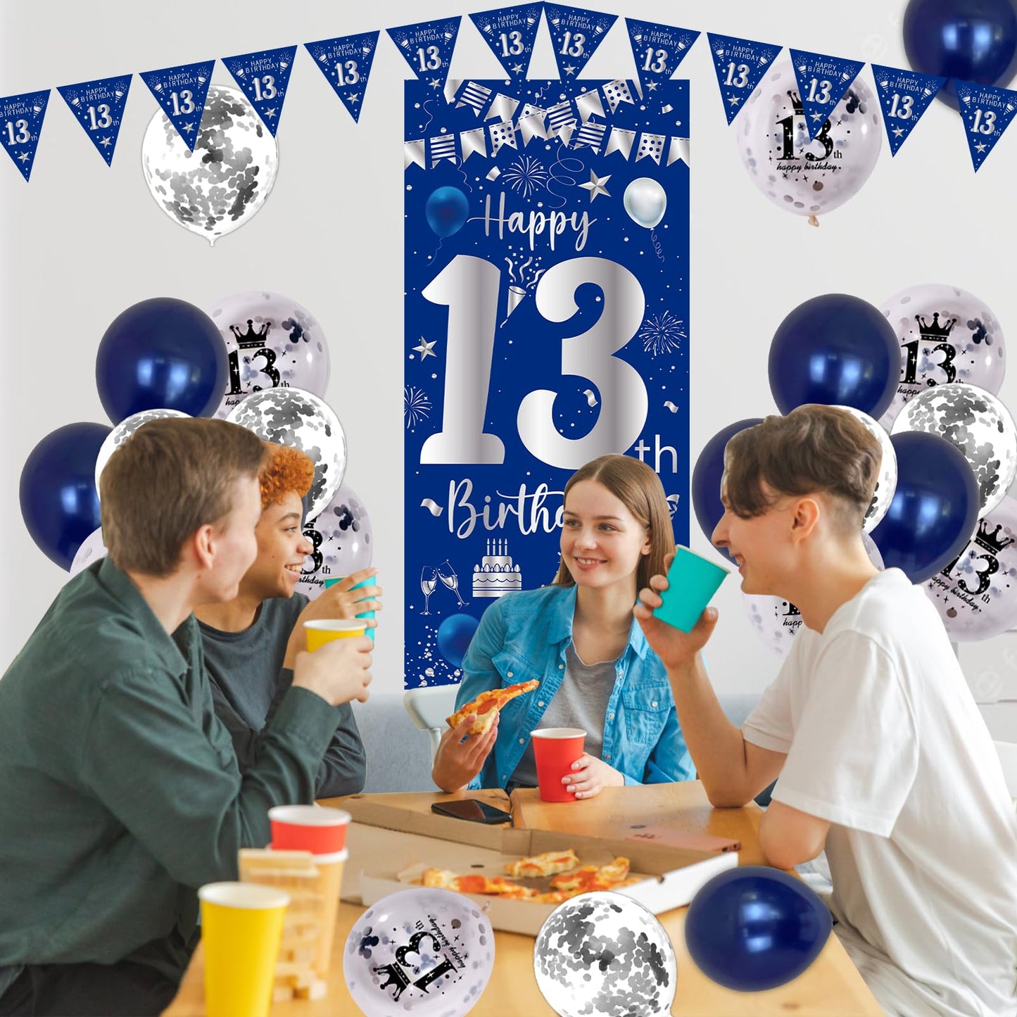 13Th Birthday Decorations For Boys Girls, Navy Blue Silver Happy 13Th Birthday Door Banner Decorations, 32'' Number 13 Foil Ball