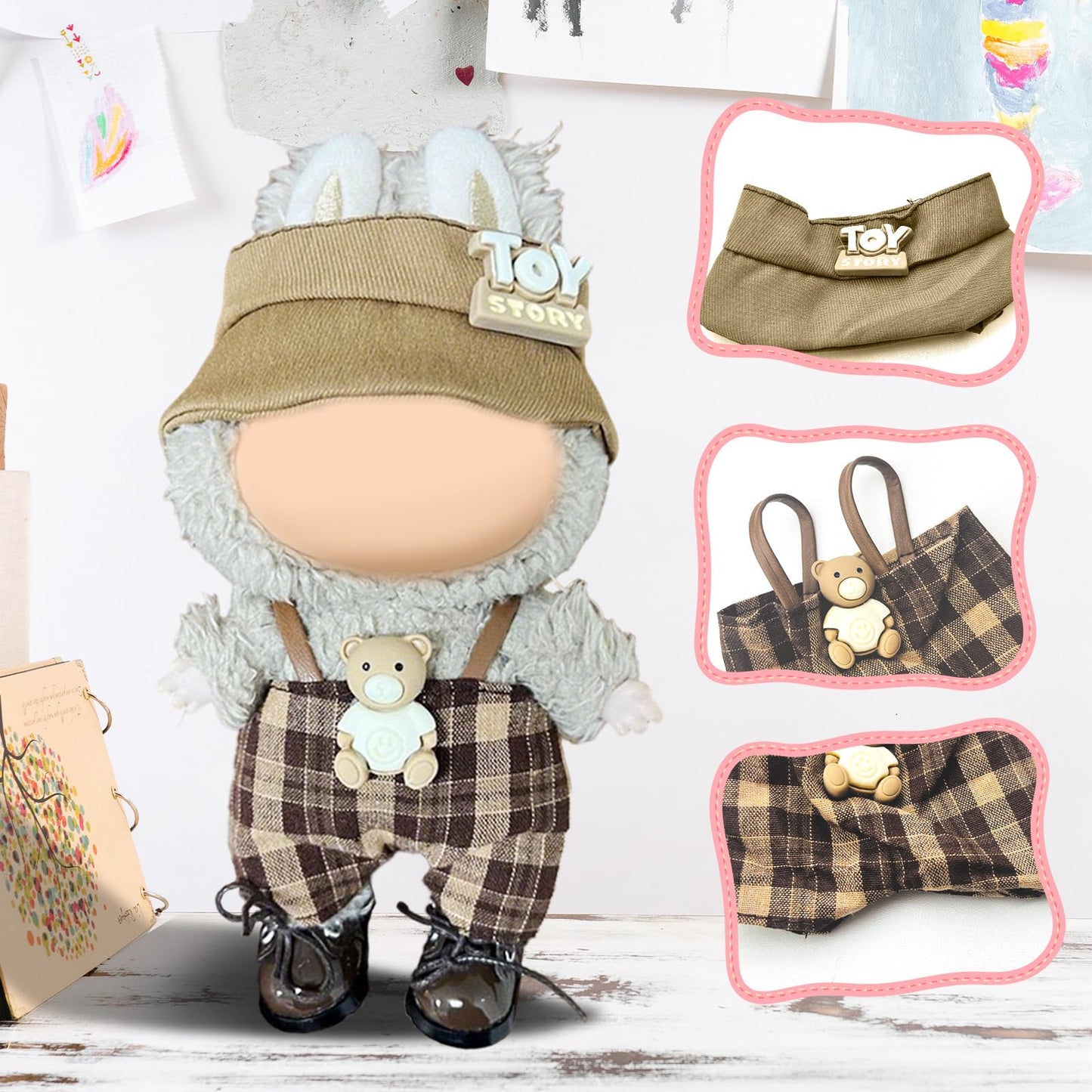 17cm Doll Clothes Labubu Clothes for 6.7inch(17cm) Dolls enhanced Doll Outfit with Hat and Accessories(Clothes Only)(Light Brown