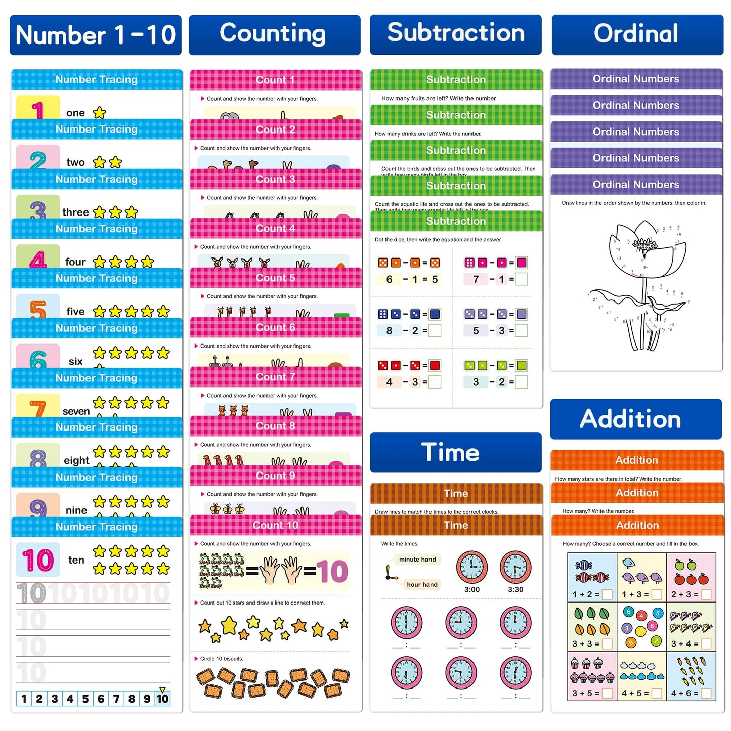 Hulupiggy Preschool Learning Activities 60 Reusable Pages, Number Tracing Addition Subtraction Math Practice Kindergarten Workbo