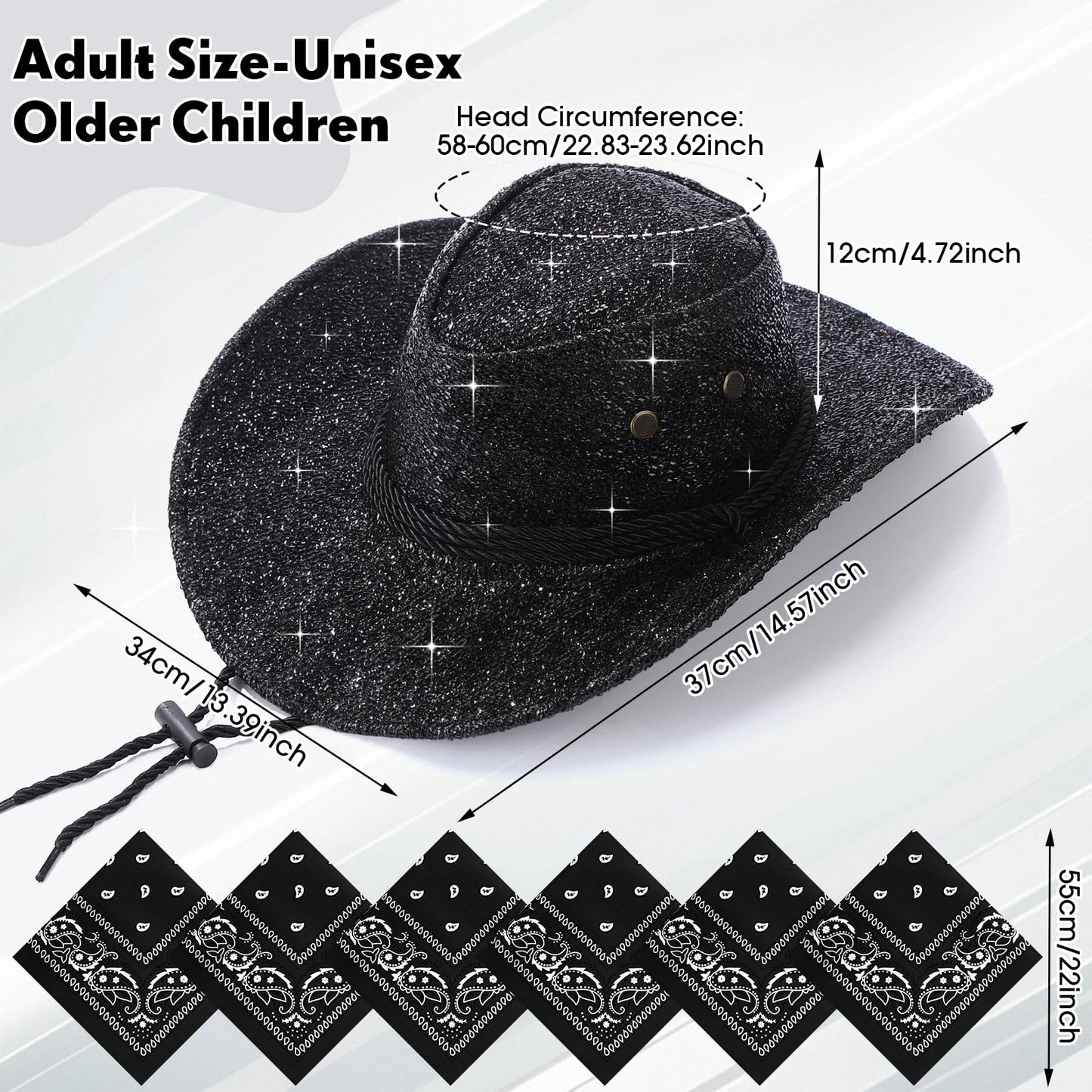 Zhanmai 12 Pcs Cowboy Hat and Bandana Cowboy Cowgirl Hats Bulk Western Party Costume Halloween Accessory(Black,Sparkly Polyester