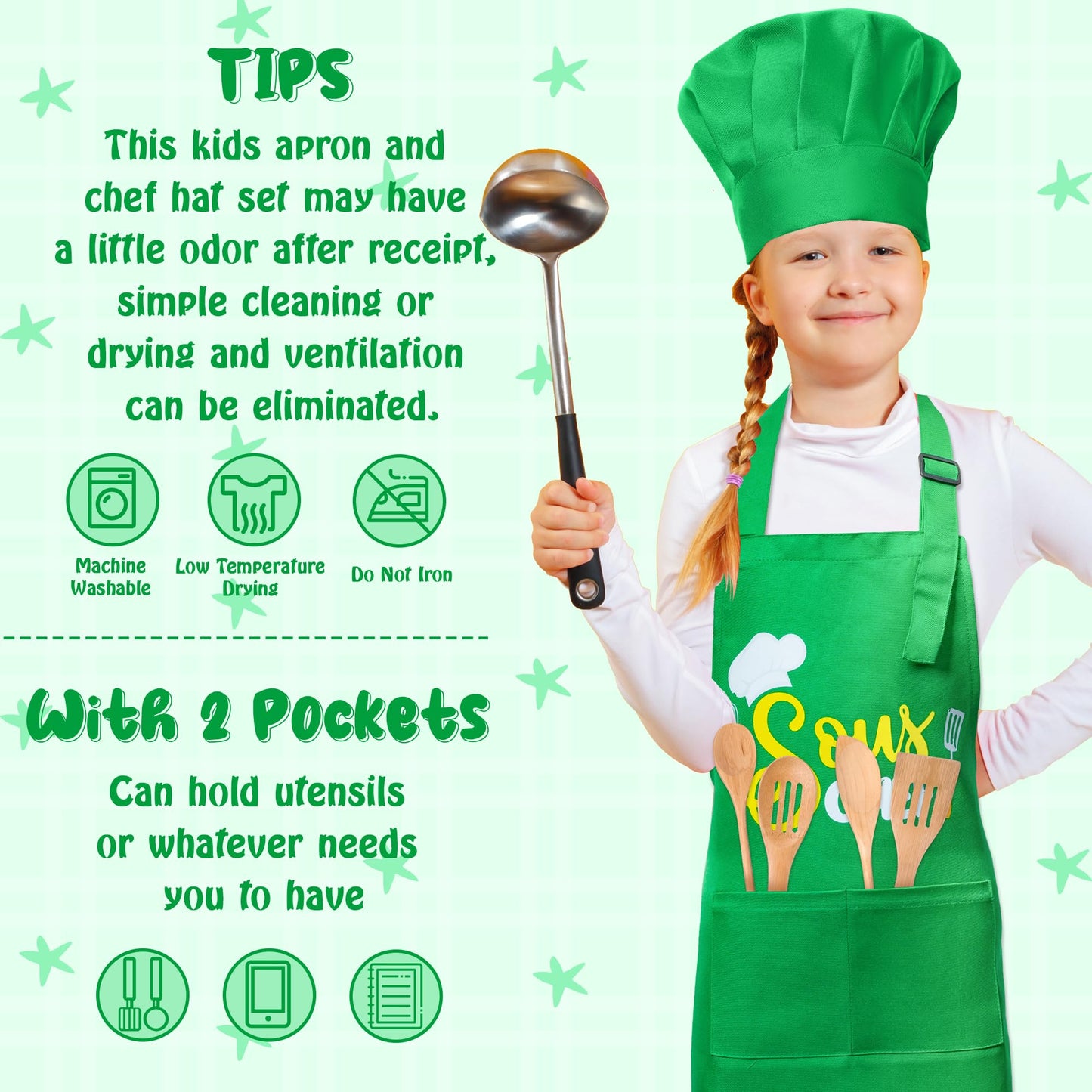Kid Apron and Chef Hat Set - R HORSE 2Pcs Adjustable Children Green Kitchen Apron, Dress up Role Play Chef Toy Cooking Baking Pa