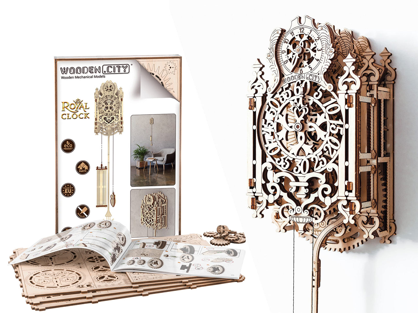 WOODEN.CITY Royal Wall Clock Kit 3D Puzzle  Wooden Clock Model - 126 Pieces  Mechanical Pendulum  Coin-Operated  Rococo Style  Expert  Unisex  Ages 14+  WR314