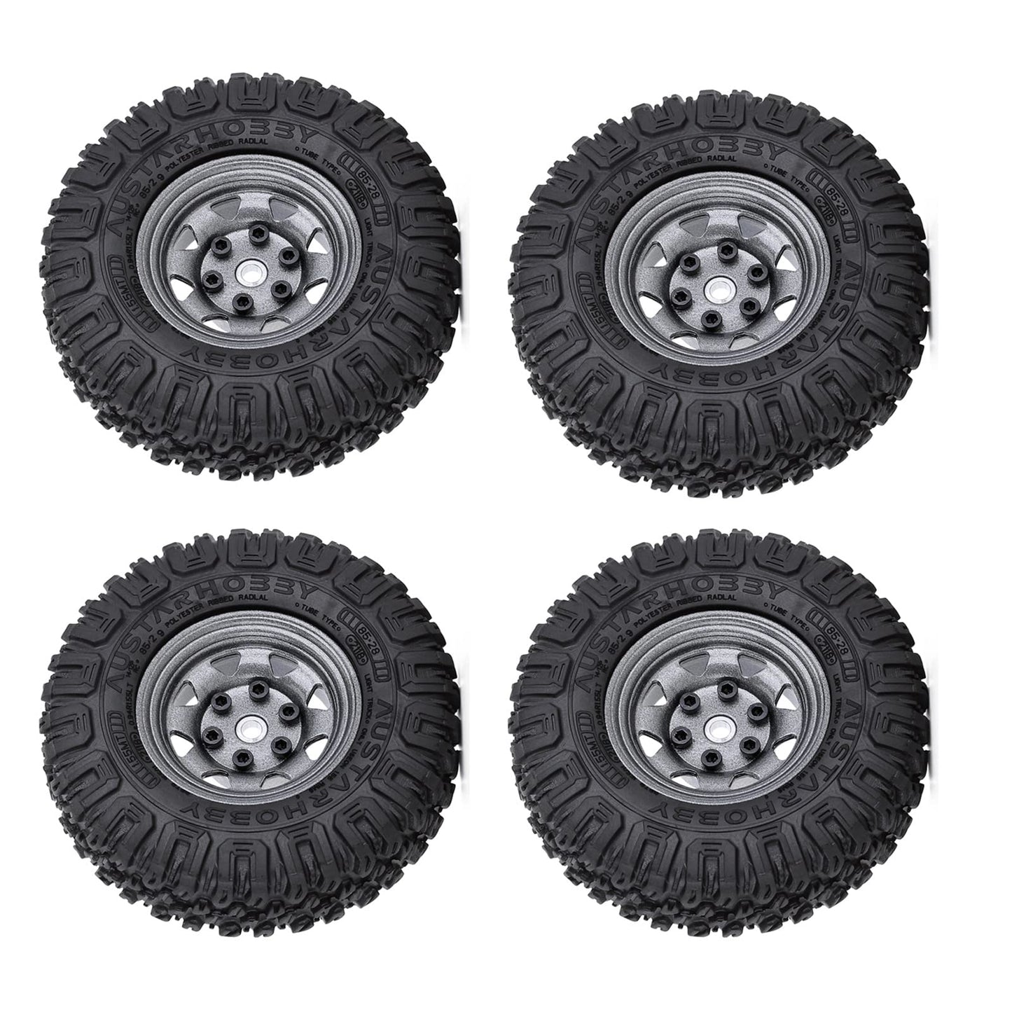 WONFAST 4PCS 1.55 inch 85mm Rubber Terrain Crawler Tires Metal Beadlock Wheel Rims Tires Set Compatible with 1/10 RC Crawler Car