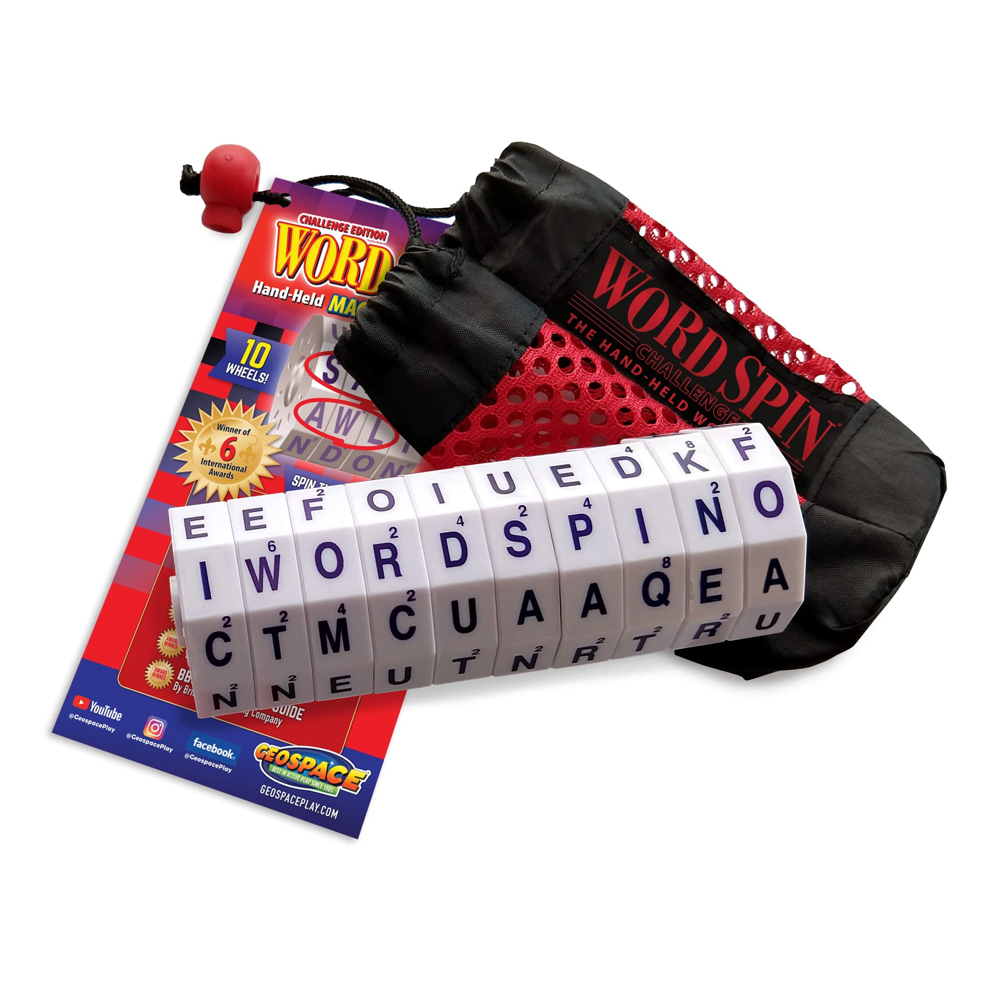 Geospace The Original Handheld Magnetic Spin Game  Take-Along Travel Edition with Storage Pouch (Challenge Word Spin with 10 Magnetic Wheels)