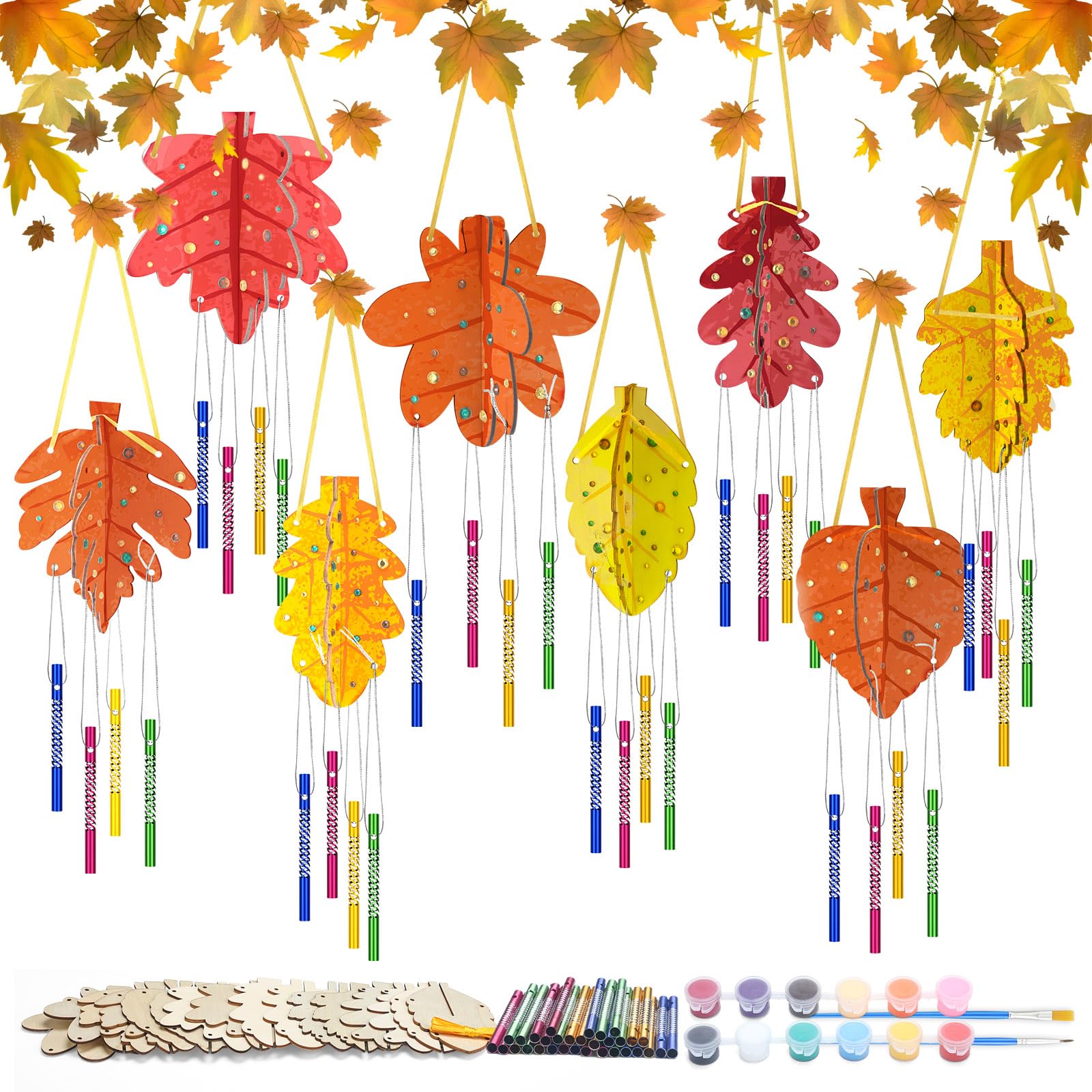 8 Sets Fall Wind Chime Kit 3D Make Your Own Maple Leaf Wind Chime Thanksgiving DIY Wooden Hanging Ornaments Fall Crafts for Autu