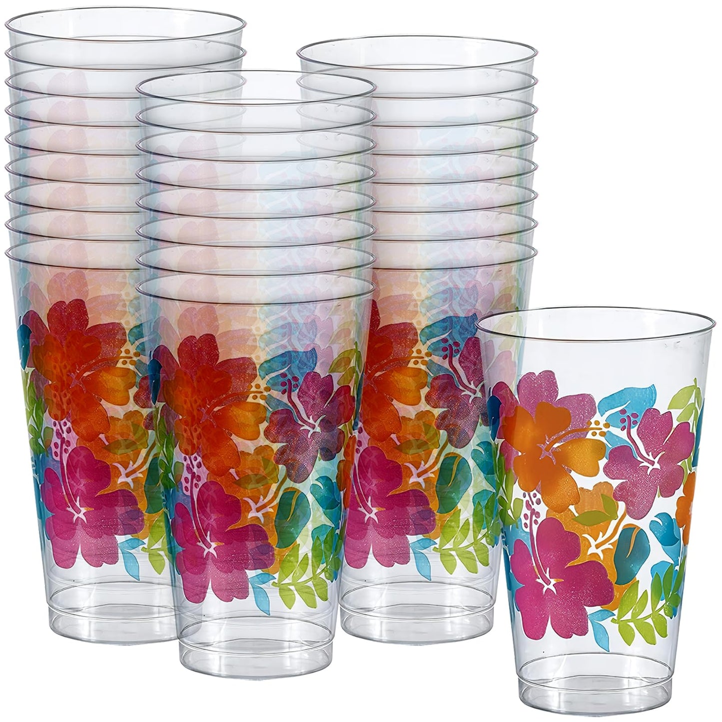 Clear With Multicolor Hibiscus Print Plastic Tumblers - 16 Oz (Pack Of 26) - Perfect For Parties & Tropical-Themed Events