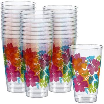Clear With Multicolor Hibiscus Print Plastic Tumblers - 16 Oz (Pack Of 26) - Perfect For Parties & Tropical-Themed Events