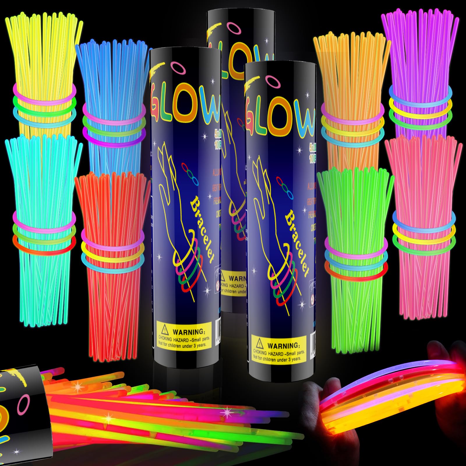 HONLYNE 300 Pcs Glow Sticks Bulk Party Pack, 8 Glow in the Dark Party Supplies, Glow in the Dark Light Up Sticks with Connecto