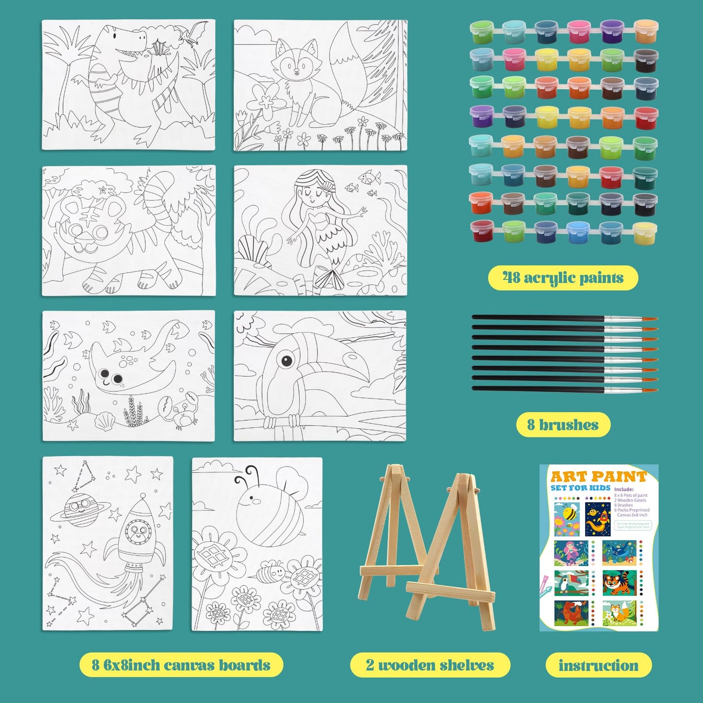 8 Packs Predrawn Canvas for Painting Kids Paint Canvas for Kids, 48 Paints, 8 Brushes 2 Easels, 8 6x8 Printed Canvas for Girls B
