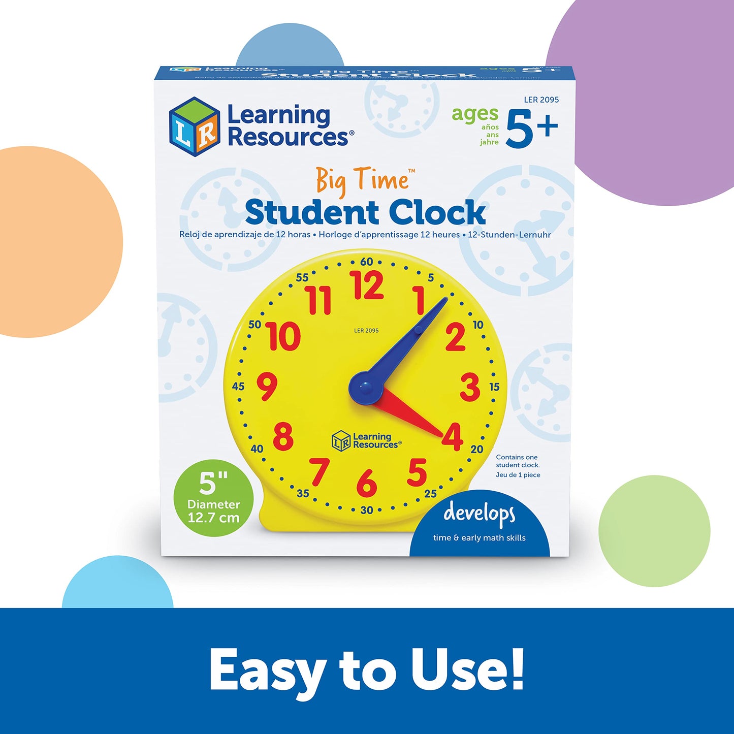 Learning Resources Big Time Student Clock, Teaching & Demonstration Clock, Develops Time And Early Math Skills, Ages 5+, Clock For Learning, 12 Hour,Back To School Gifts