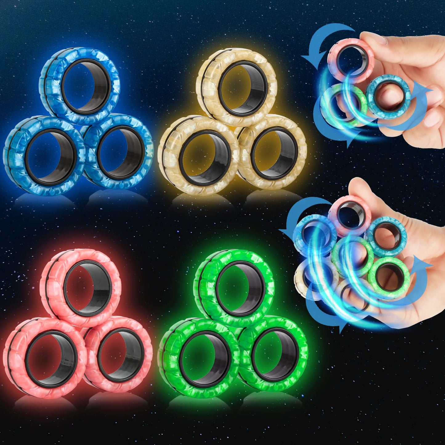 Yishidany Magnetic Rings Finger Fidget Toys Set, 12Pcs Glow In The Dark Magnets Rings For Training Relieves Autism Anxiety, Magical Fingears Rings For Adhd, Great Idea Gift For Adults Teens Kids