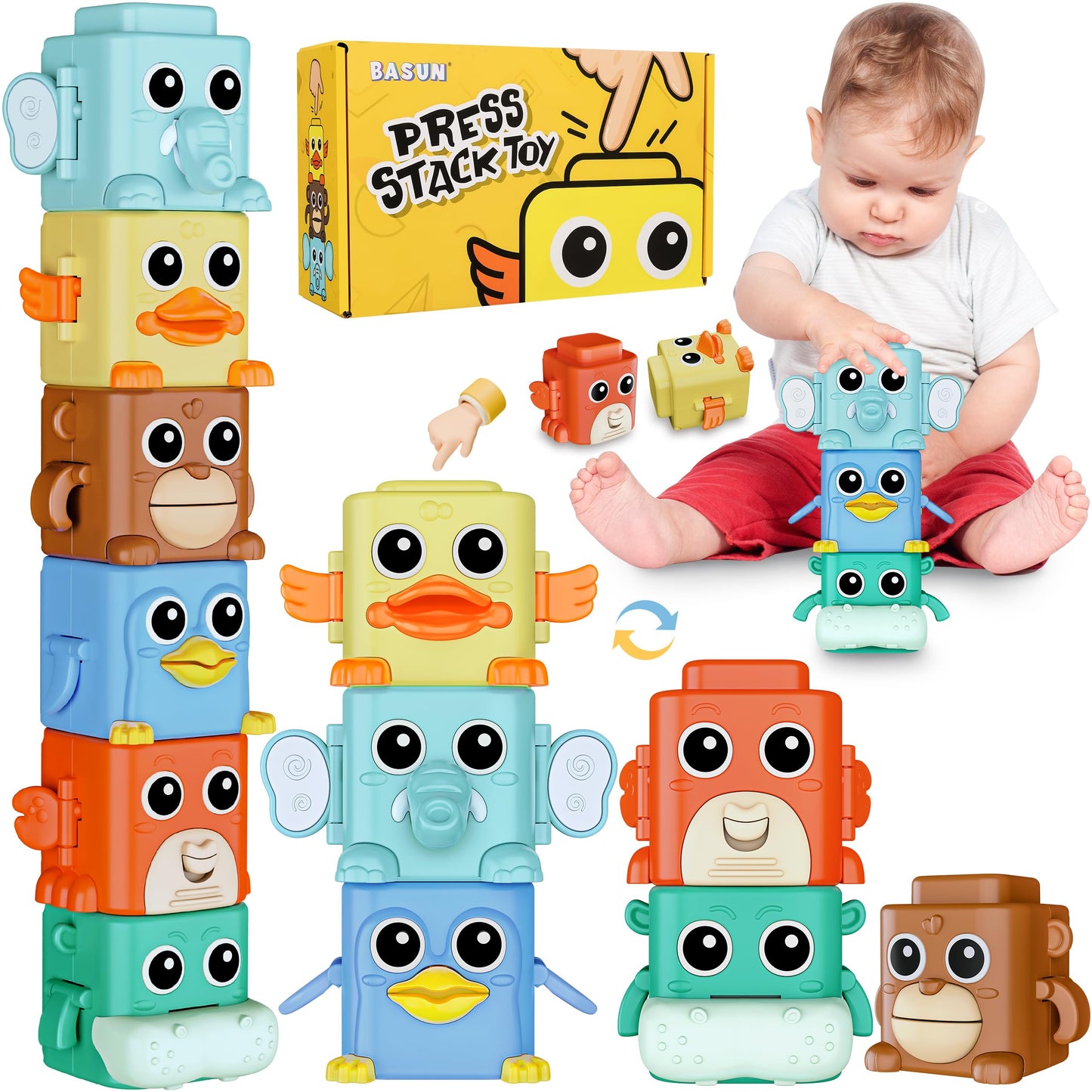 Stacking Toys Set For Toddlers 18+ Months, 6 In 1 Infant Sensory Toys With Changing Expressions, Pressable Animal Stacking Block