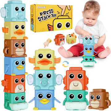 Stacking Toys Set For Toddlers 18+ Months, 6 In 1 Infant Sensory Toys With Changing Expressions, Pressable Animal Stacking Block