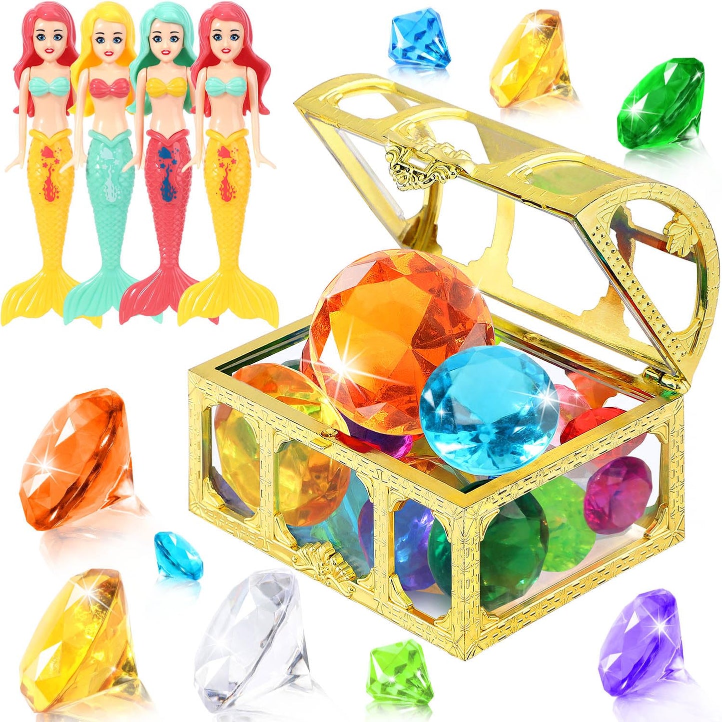 EIMMBD 36pcs Diving Gem Pool Toys Colorful Diamonds Set Treasure Pirate Box Summer Swimming Diving Toys for Boys and Girls