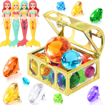 EIMMBD 36pcs Diving Gem Pool Toys Colorful Diamonds Set Treasure Pirate Box Summer Swimming Diving Toys for Boys and Girls
