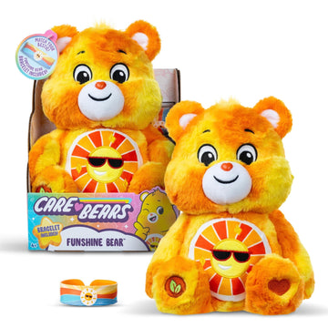 Basic Fun Care Bears Remake 2025 |14'' Medium Plush| Color Splash Limited Edition, Includes Slap Bracelet (Funshine Bear)