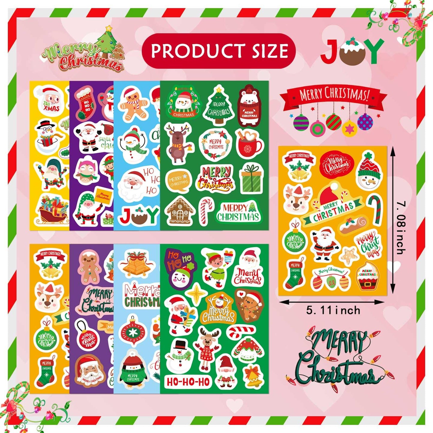 16 Sheets Christmas Stickers For Kids, Merry Christmas Theme Stickers Non-Repeating, Xmas Winter Holiday Party Stickers, Christm