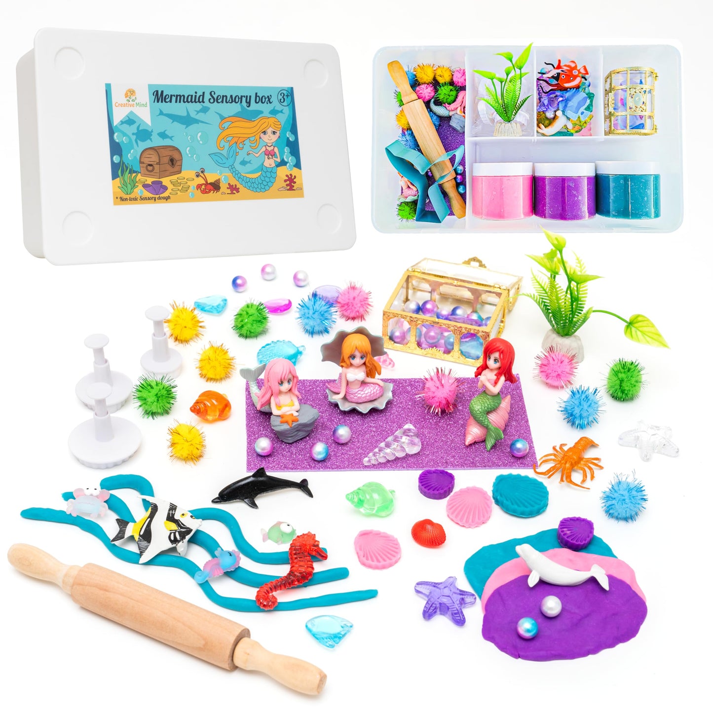 Mermaid Playdough Sensory Kit for Kids with 3 Jars of Non-Toxic Play Dough, Reusable Sensory Bin for Toddlers with Sea Animals, 