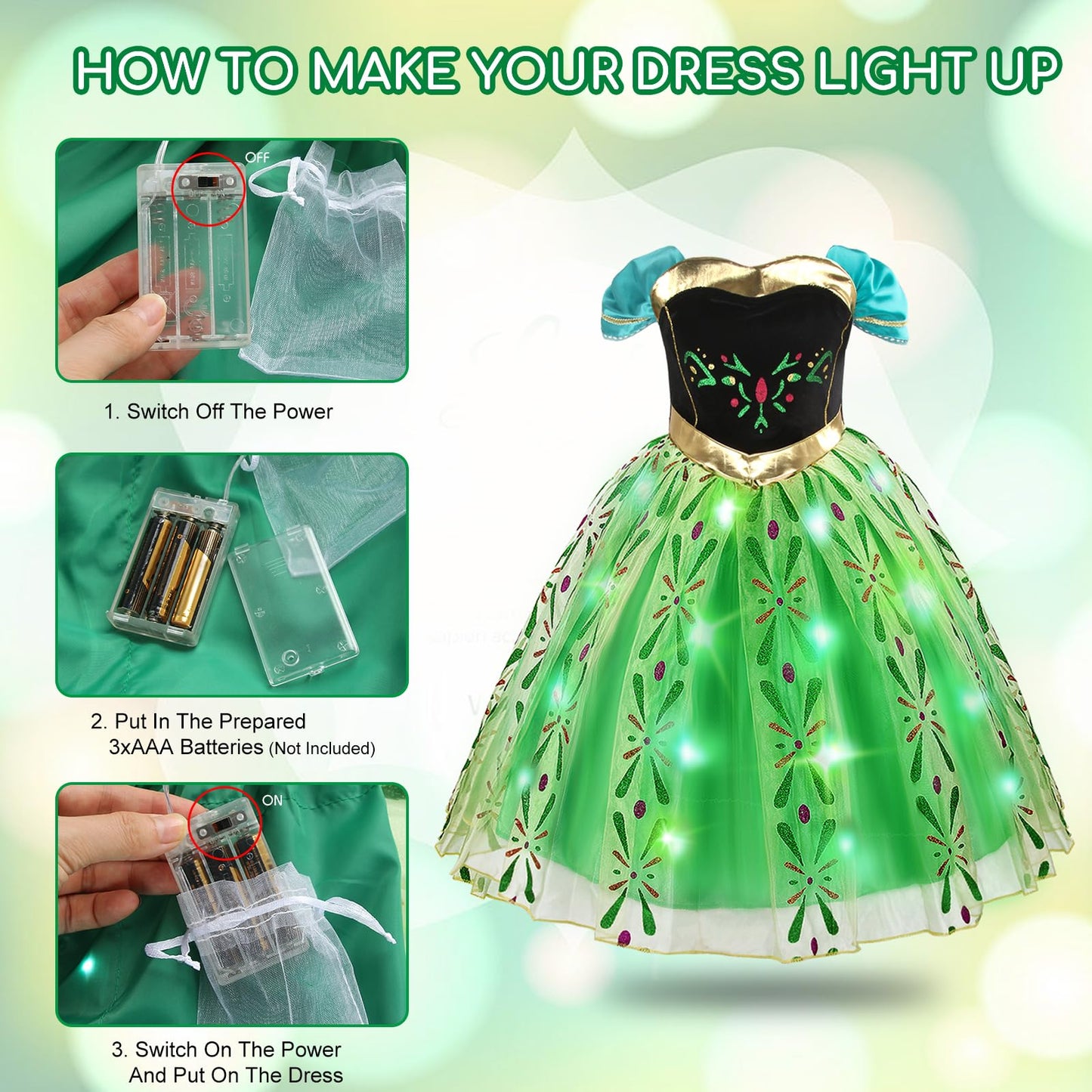 Acecharming Light Up Princess Dress Up Clothes for Girls 2-8 Years - LED Toddler Anna Costume Princess Dress with Accessories fo