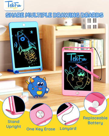 Tekfun 2 Pack Lcd Writing Tablet For Kids, 10 Inch Blue+Pink Doodle Board Drawing Board Reusable Drawing Tablet With Lanyard, Ed