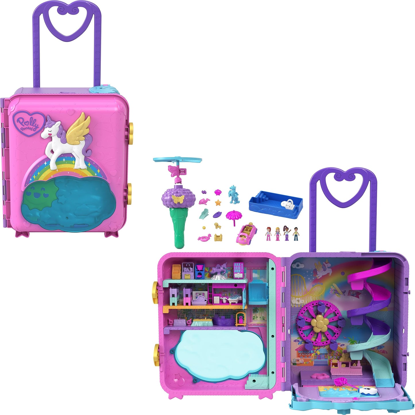 Polly Pocket Pollyville Playset, Resort Rollaway Suitcase, Large Travel Toy With 4 Dolls, Car, 25+ Accessories & Storage