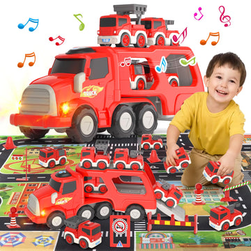 newcrave 8 in 1 Fire Truck Toys for 2 3 4 5 Year Old Boy, Fire Trucks Cars Toys for Toddler 1-3 3-5, Fire Cars with Play Mat Lig