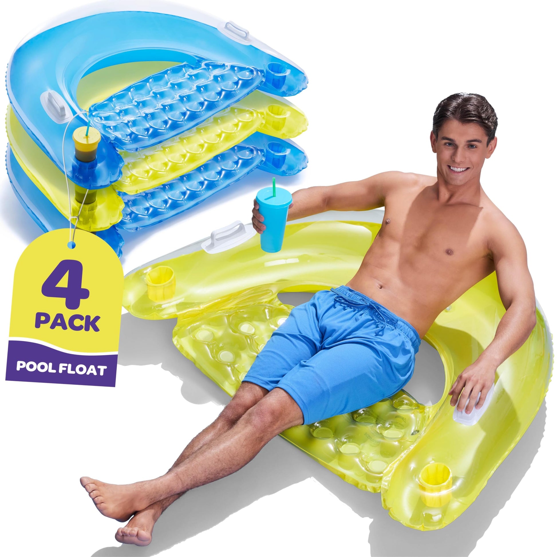 Pool Floats mature-themed [Set of 4] Inflatable Chair Floats with Cup Holders & Handles - Happy Colorful Pool Floaties - Pool Float Comes in 2 Fun Colors  Blue & Yellow  A Relaxing Floats for Swimming Pool.