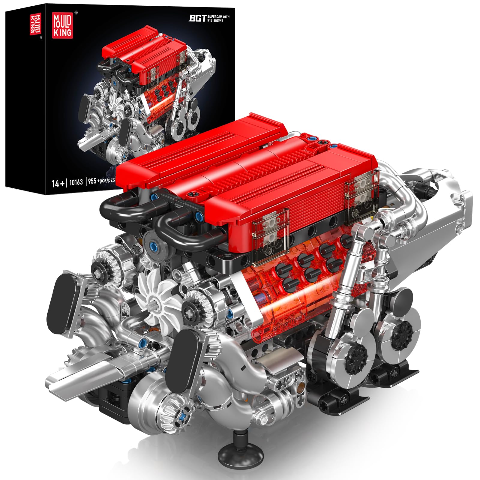 Mould King W16 Engine Building Blocks Set  10163 Combustion Engine Model That Runs  Mini Engine Build Kit for mature-themeds with Battery and Motor  Engineering Construction STEM Toy for Boys Girl (952 Pcs)
