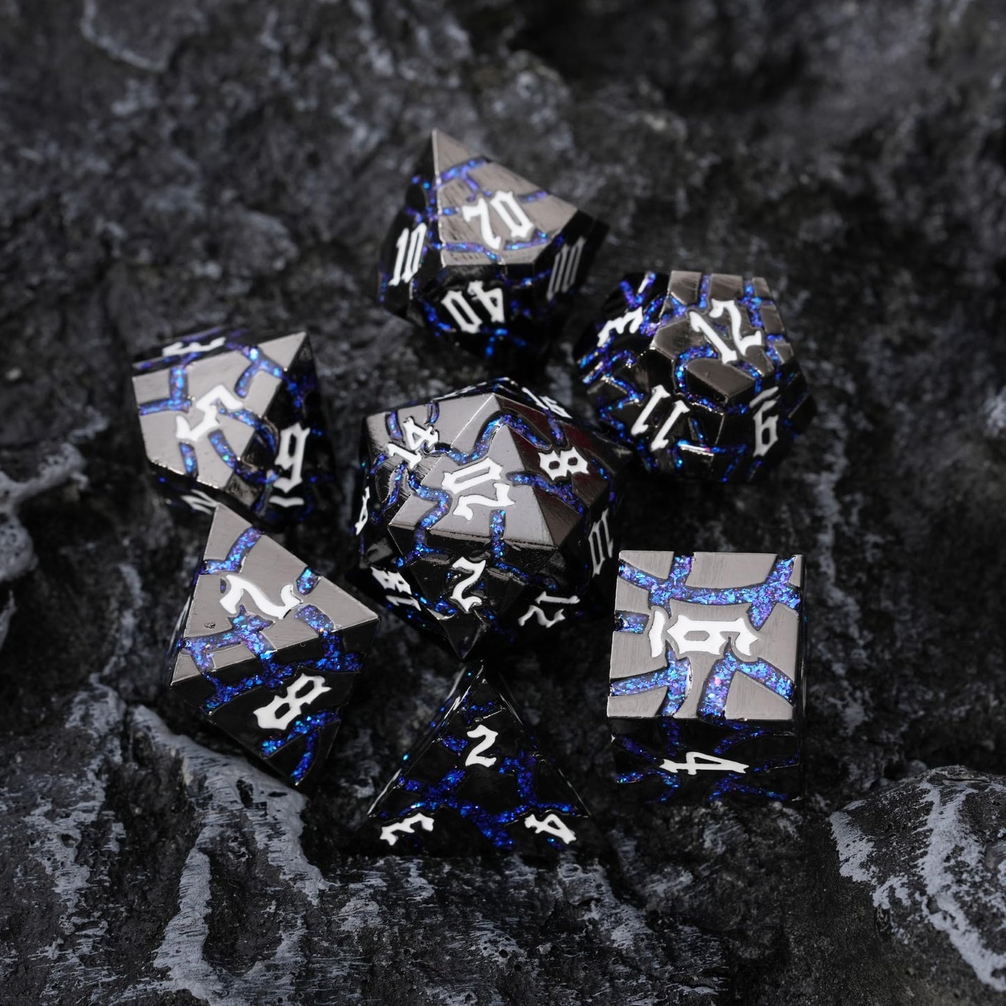 Soar Forge Metal Dice for DND - Beautiful Blue Glitter Cracks Dice Set Compatible with Dungeons and Dragons and Other RPG, Dice