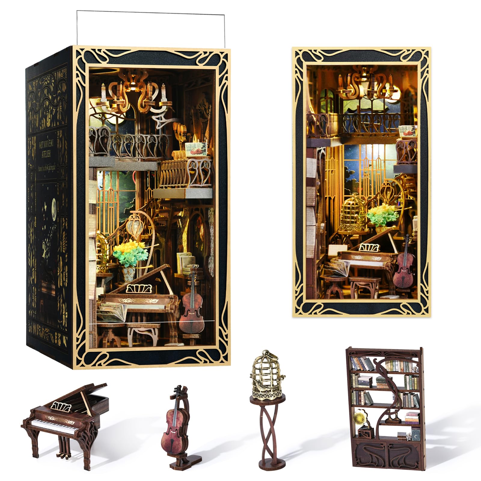 Minicity Diy Book Nook Kit, Miniature Dollhouse Booknook Kit, 3D Wooden Puzzle Bookend Bookshelf Insert Decor With Led Light For