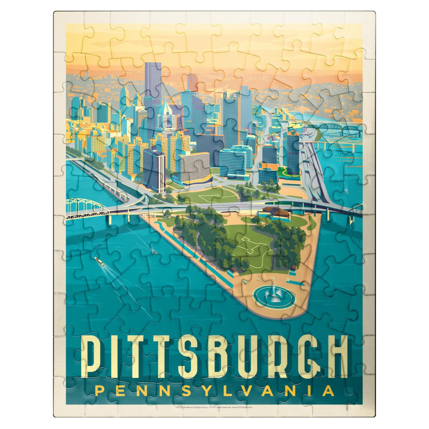 MyPuzzle Pittsburgh, PA: Bird's Eye View, Vintage Poster - Premium 100 Piece Jigsaw Puzzle for Adults