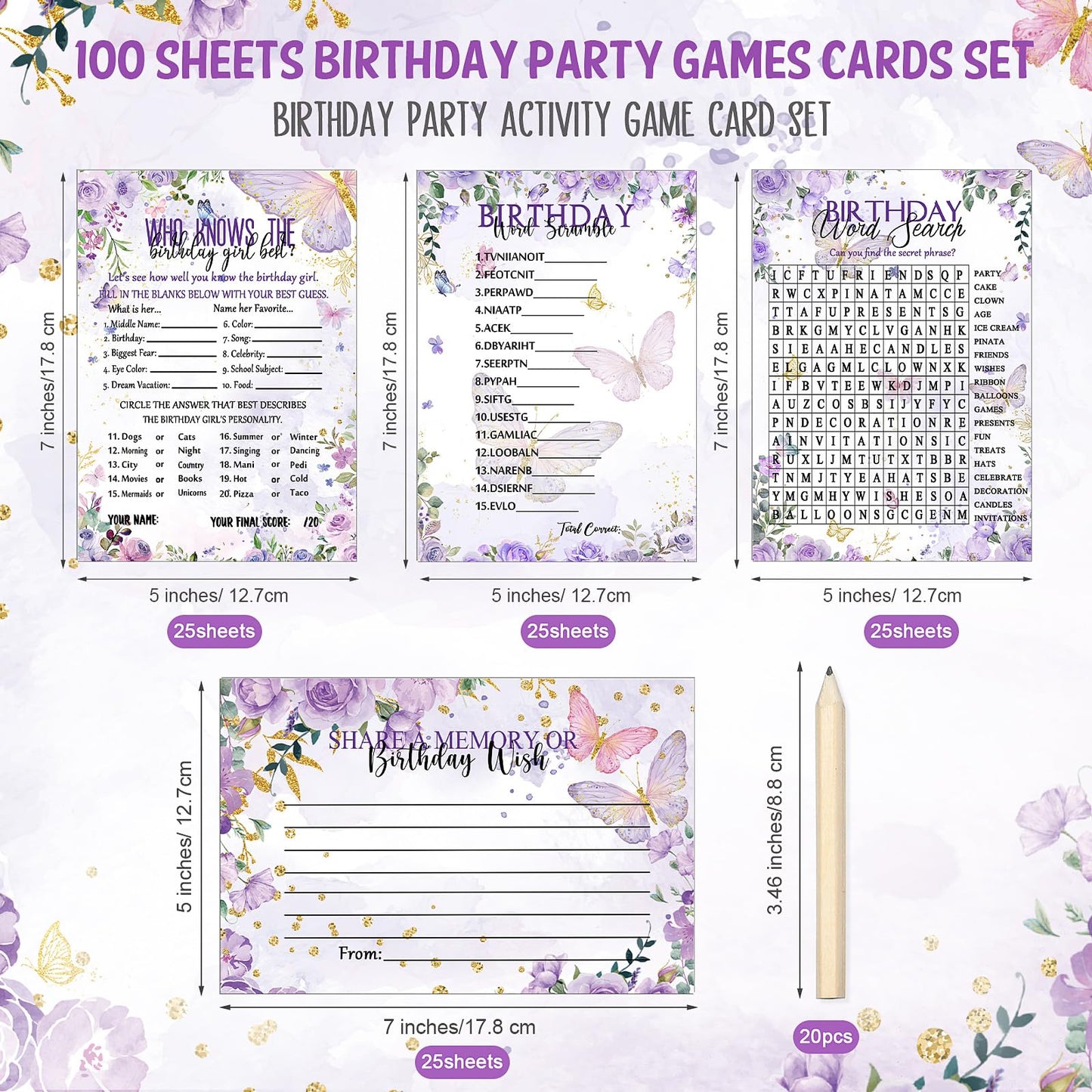 Fumete Birthday Party Games & Activities 100 Pcs Who Knows The Girl Game with 20 Pencils Girly Birthday Cards Set for Teens Swee
