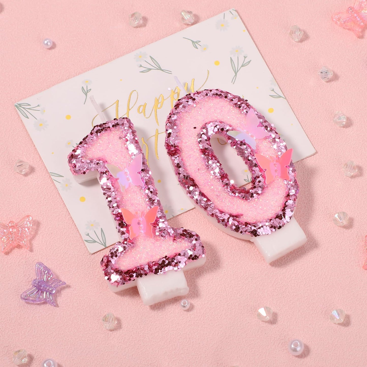 BOXOB Girls Birthday Number 10 Candles, 2.95in Pink Glitter Butterfly Cake Toppers, Wax, Model 08367, Perfect for Parties and Celebrations