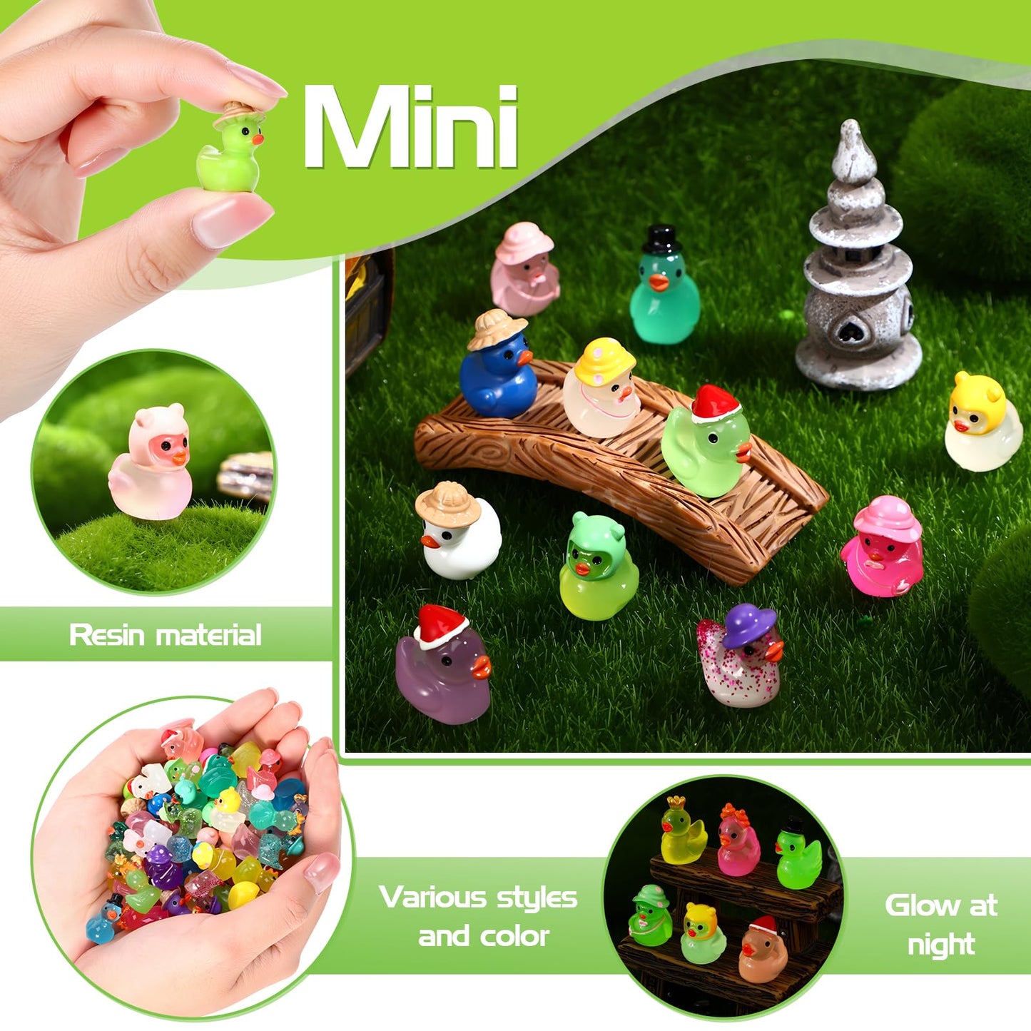 Ggstddup 64 Pcs Luminous Mini Resin Ducks, 8 Types Small Ducks Plastic Mini Resin Animals Figures Miniature Figurines For Fairy