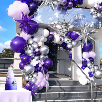Kozee Dark Purple And Silver Balloon Garland Kit 126Ppcs With Light Lilac White Silver Starburst Crown Foil Balloons For Girl 15