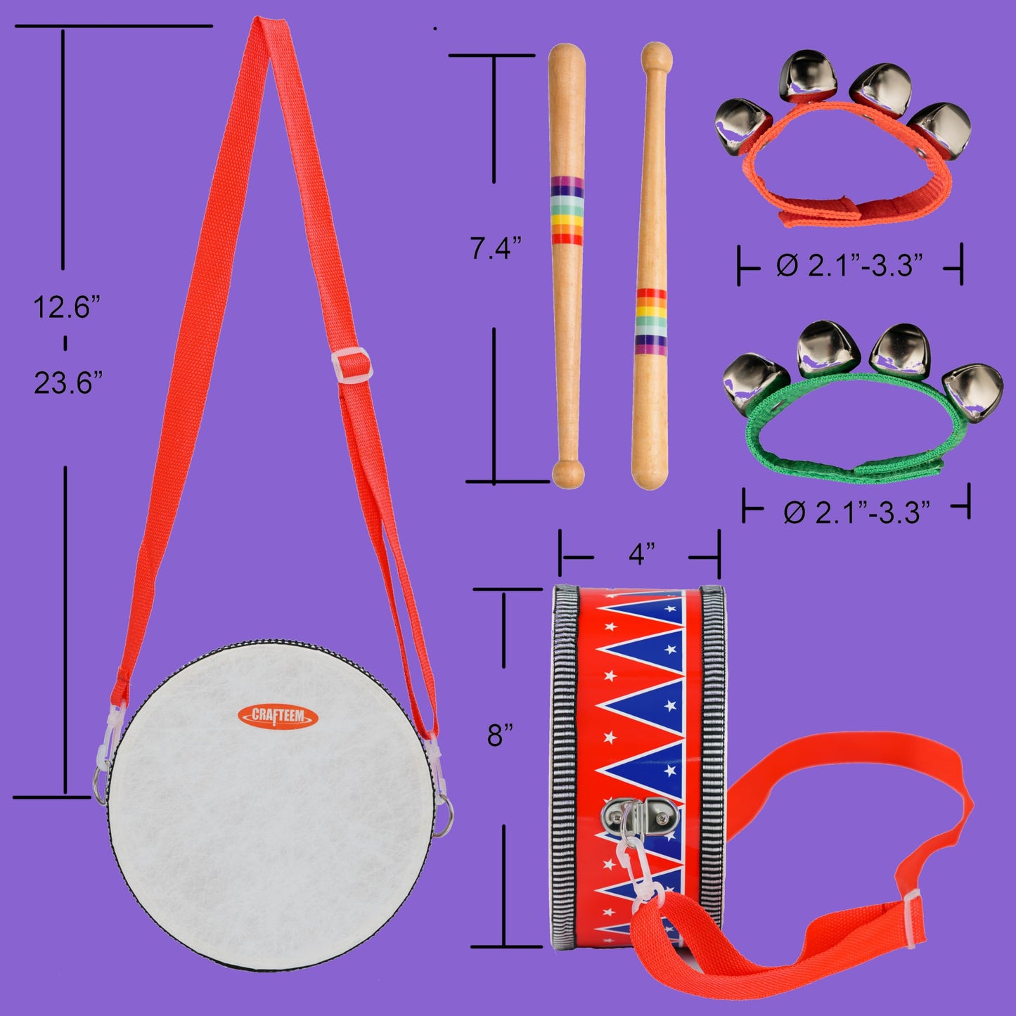 Crafteem Wooden Kids Drum Set For Toddlers - Baby Musical Toy W/Wrist Bells, Drum Sticks & Fun Drum Instrument For Boys & Girls