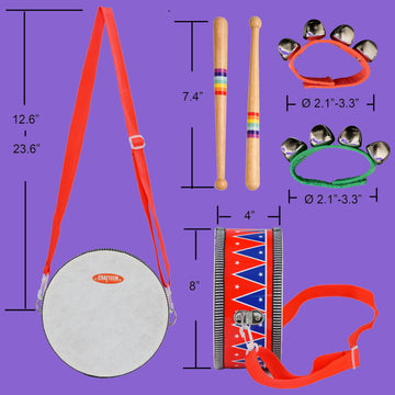 Crafteem Wooden Kids Drum Set For Toddlers - Baby Musical Toy W/Wrist Bells, Drum Sticks & Fun Drum Instrument For Boys & Girls