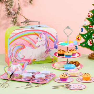 JOYIN 35Pcs Unicorn Tea Party Set for Little Girls, Pretend Tin Teapot Set, Princess Tea Time Play Kitchen Toy with Dessert, Dou