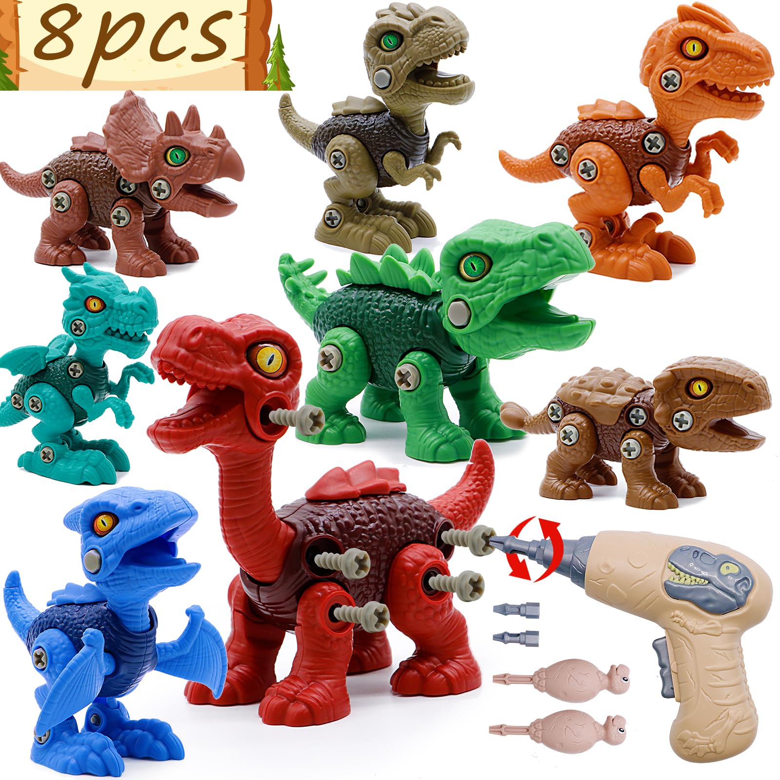 Yerloa 8pcs Dinosaur Toys for Kids 3-5 5-7, Dinosaur Take Apart Toys for Boys 3 4 5 6 7 8 Year Old Toddler Kids Party Birthday G