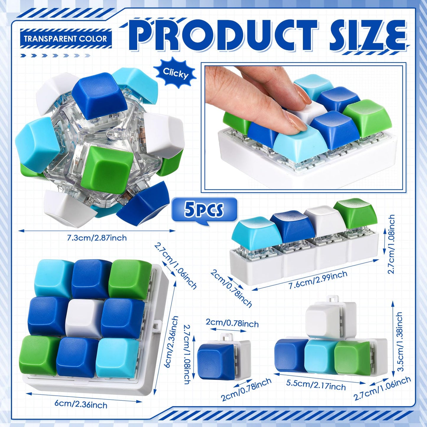 Halloscume 5 Pcs Keyboard mature-themed Fidget Toy Clicker Toy in 5 Styles Keyboard Fidget Keychain Cube Mechanical Key Button Clicker Stress Relief Gift for Office Home Pass Time(Blue Green)