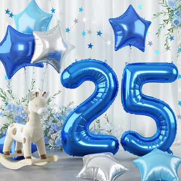Royal Dark Blue Large Numbers Balloons 25, 40 Inch Self Inflating Light Baby Teal Blue Helium 25 Balloon Decor, Silver Star Foil