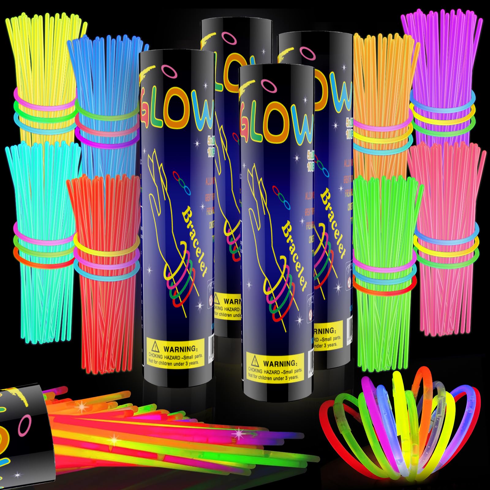 HONLYNE 400 Pcs Glow Sticks Bulk Party Pack, 8 Glow in the Dark Party Supplies, Glow in the Dark Light Up Sticks with Connecto