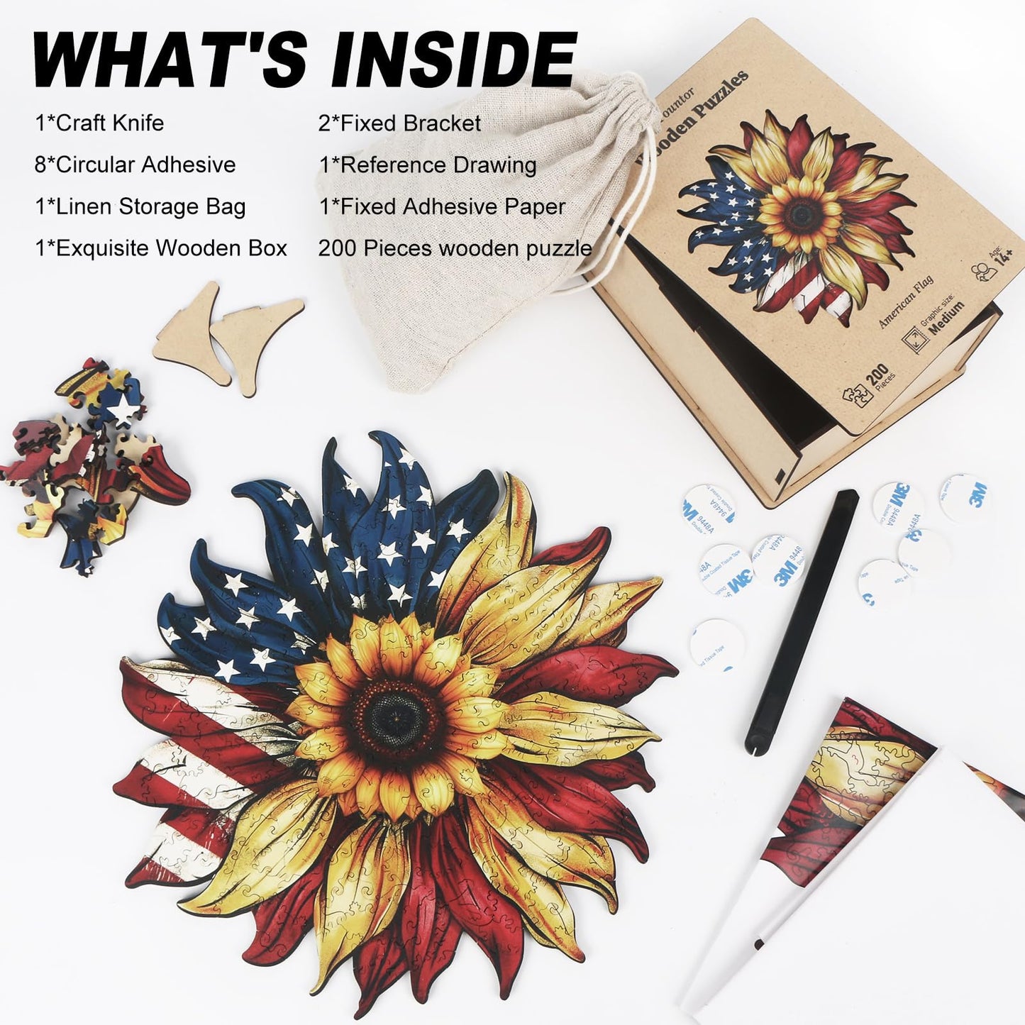 American Flag Sunflower Wooden Puzzles for mature-themeds  200pcs Wooden Jigsaw Puzzles for mature-themeds  American Flag Unique Shaped Jigsaw Puzzles Creative Gift for Friend Family Game Medium Size 10.6'' x 10.6''
