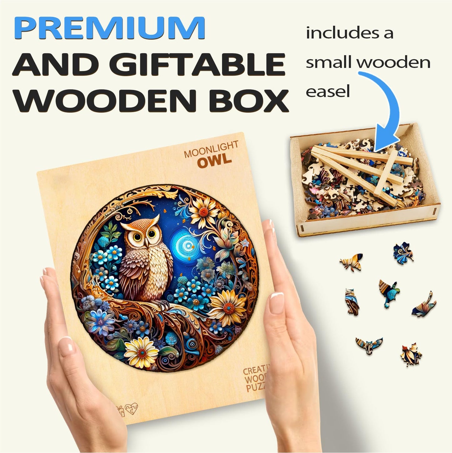 masseruon Wooden Puzzle for mature-themeds-Moonlight Owl  Unique Shaped Jigsaw Puzzles(S  100pieces  8.4x8.4in)  Beautiful Animal Owl Jigsaw Wood Puzzles mature-themed  Family Puzzle Game Christmas Birthday Gift