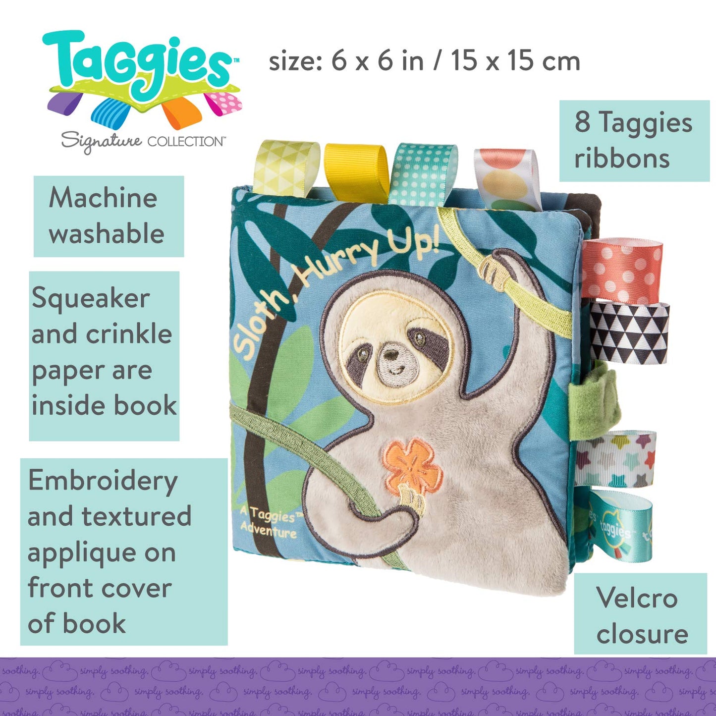 Mary Meyer Taggies Soft Cloth Book, Crinkle Paper & Squeaker, 6x6 Inch, White, Model 40244