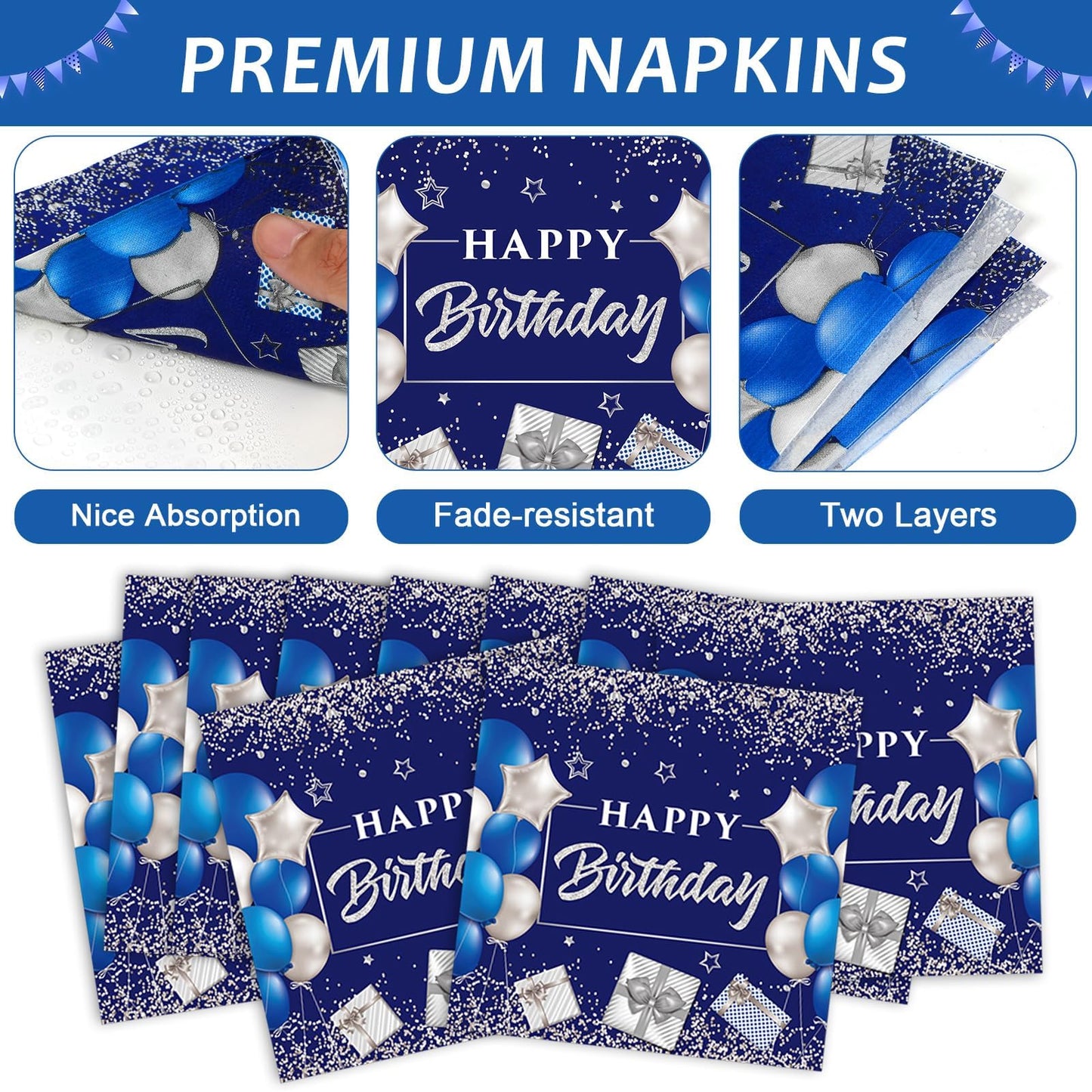 gisgfim 96Pcs 16th Birthday Plates and Napkins Party Supplies Sweet 16 Birthday Party Tableware Set Blue Silver 16th Birthday De