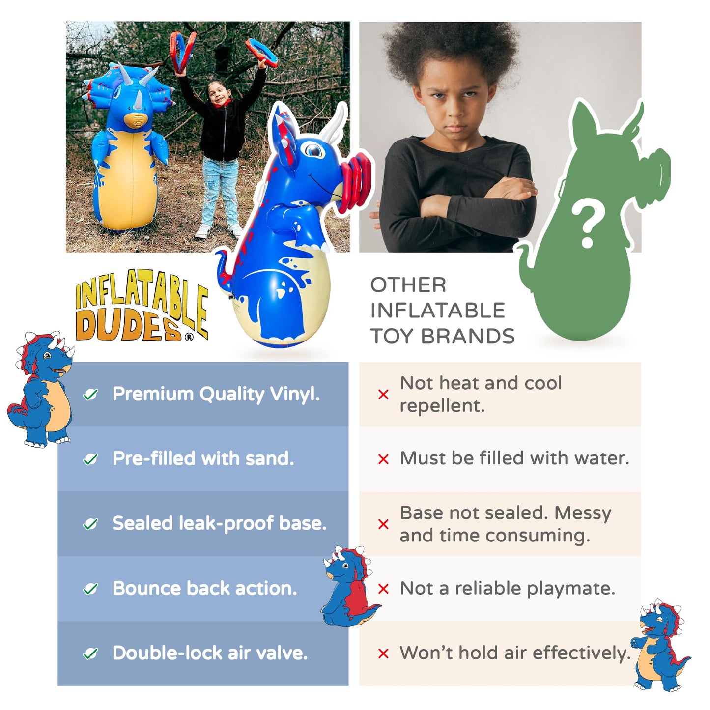 Inflatable Dudes Dinosaur 47 Inches- Kids Punching Bag| Already Filled With Sand |Triceratops Bop Bag |Ring Toss With 3 Inflatab