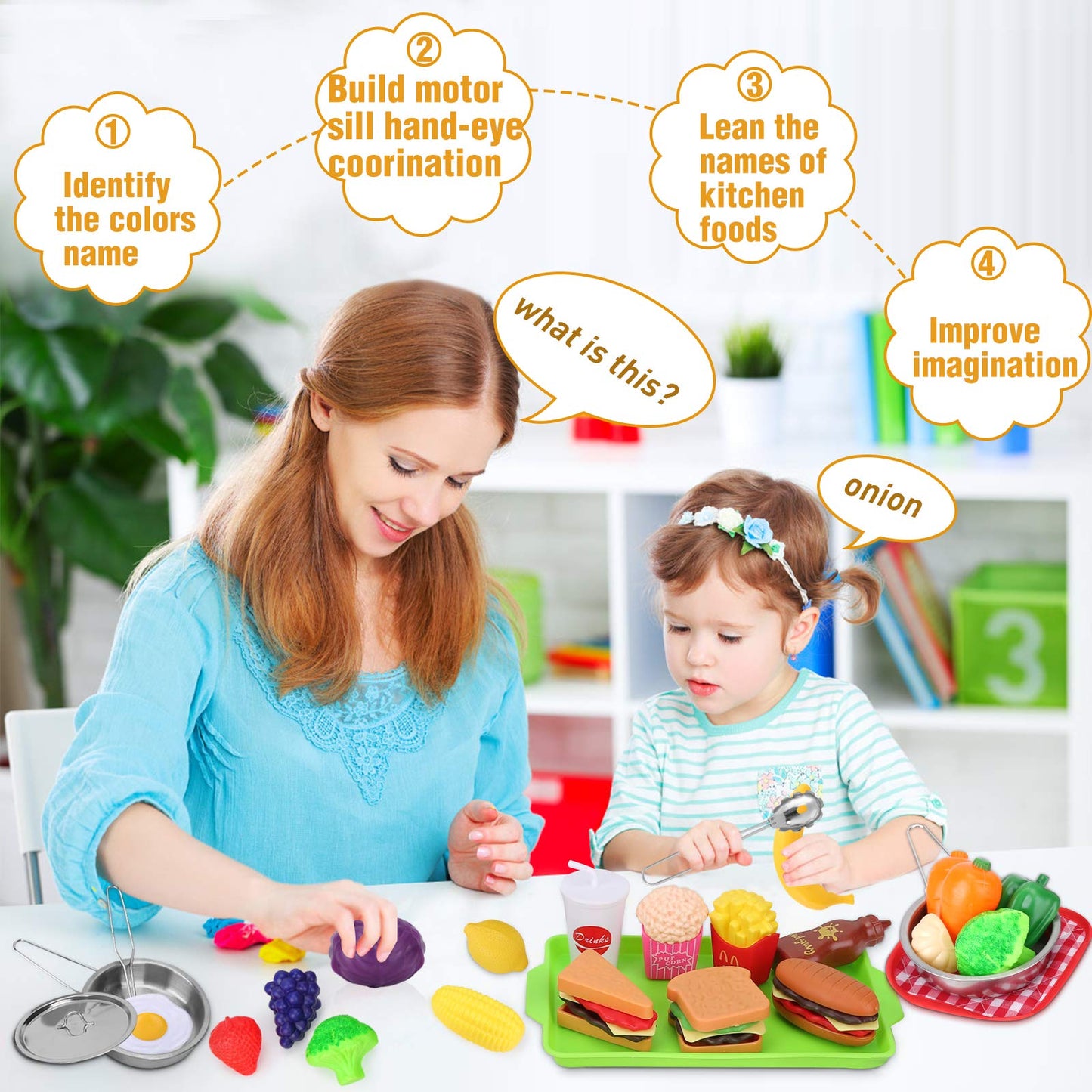 Play Food Sets for Kids Kitchen, Play Kitchen Accessories 46Pcs, Stainless Steel Cookware Pots and Pans Set with CuteApron, Cutt